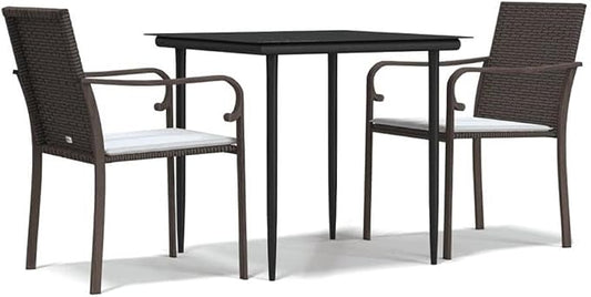Afuera Living 3-Piece Contemporary Garden Dining Set, 31.5 in Square Table, PE Rattan/Steel/Tempered Glass, Brown/Black/Cream White Finish, Cushioned Chairs, Compact Design for Patio, Balcony,