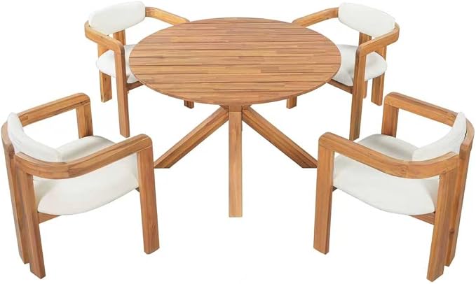 Christopher Knight Home Katy Modern 5 Piece Outdoor Dining Set, Round Dining Table Set for 4 with Chairs, Acacia Wood Patio Furniture Set with Barrel Chairs and Seat & Back Cushions, Beige+Brown