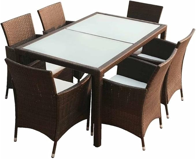 Afuera Living 7 Piece Patio Dining Set, Synthetic Poly Rattan, Brown Finish, Includes Table with Tempered Glass Top and 6 Chairs with Removable Cushions, Weather-Resistant Outdoor Furniture, Seats 6