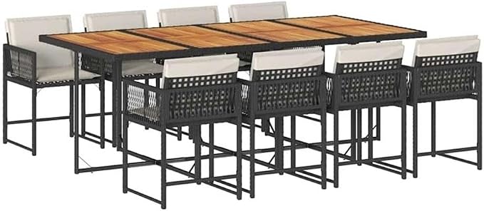 Afuera Living 9-Piece Poly Rattan Garden Dining Set with Cushions, Black and Brown Finish, Weather-Resistant, Foldable Chairs, Acacia Wood Table, Spacious Seating for 8, Outdoor Patio or Backyard Use