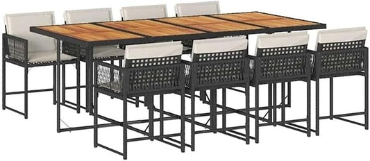 Afuera Living 9-Piece Poly Rattan Garden Dining Set with Cushions, Black and Brown Finish, Weather-Resistant, Foldable Chairs, Acacia Wood Table, Spacious Seating for 8, Outdoor Patio or Backyard Use