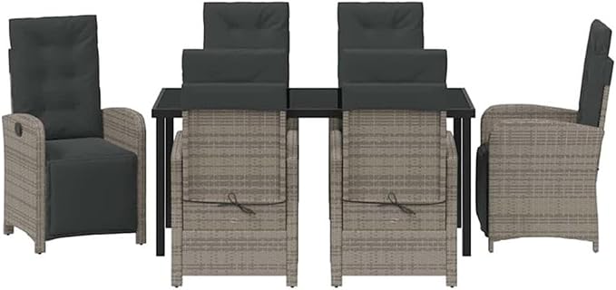 Afuera Living 7 Piece Poly Rattan Garden Dining Set, Gray Finish, Tempered Glass Top, Cushions Included, Ergonomic Armrests, Weather-Resistant Patio Dining Furniture for Outdoor and Garden Use