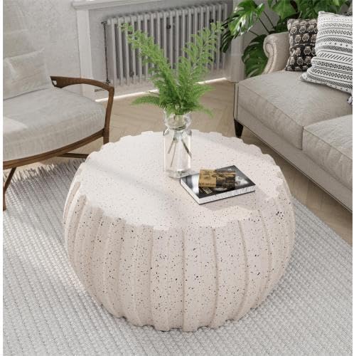 35.43" Indoor Round Coffee Table, Waterproof Coffee Table Modern MgO Cement Design End Tables for Living Room, Outdoor Patio Coffee Tables for Garden, Backyard, Balcony, White