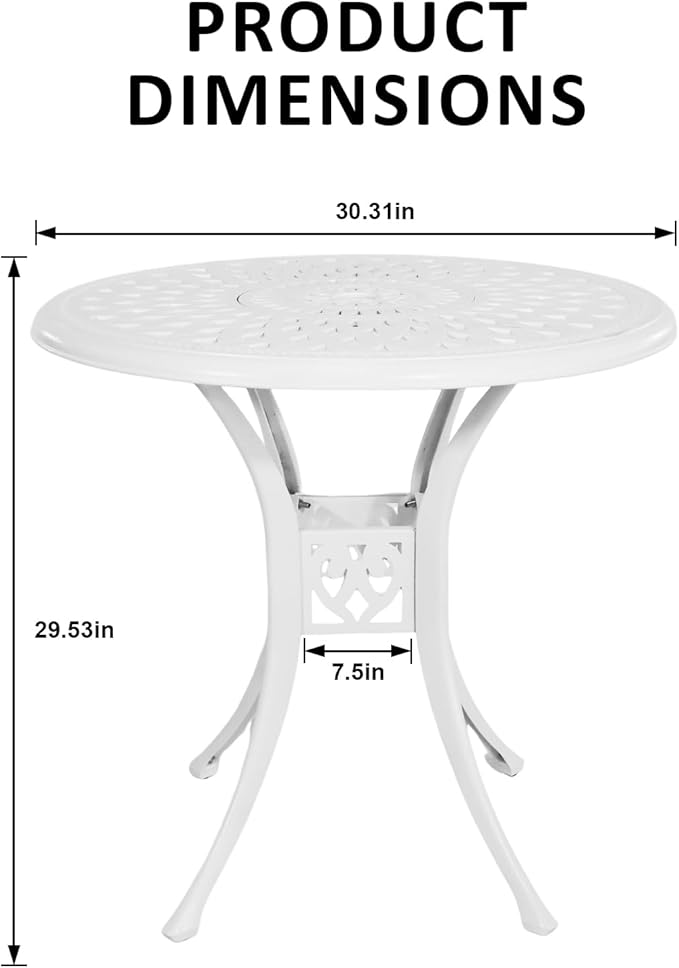 30.31" Cast Aluminum Outdoor Dining Table, Patio Bistro Table with 2.36" Umbrella Hole, Metal Conversation Furniture for Garden Porch