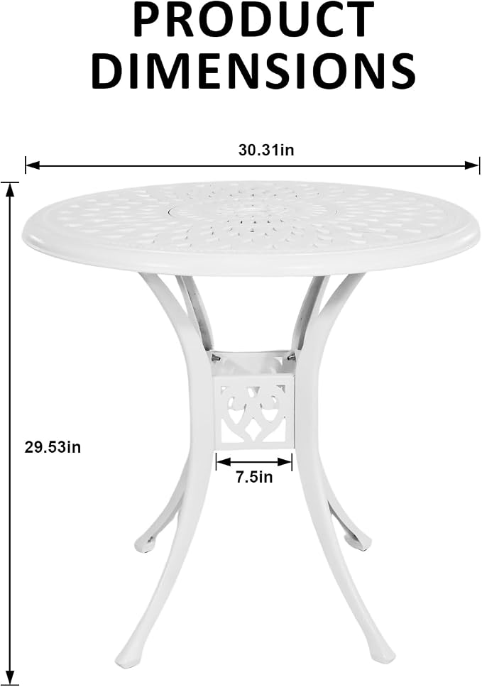 30.31" Patio Bistro Table with 2.36" Umbrella Hole, Cast Aluminum Outdoor Dinning Table for Garden Porch Backyard