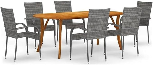 BOWERY HILL 7-Piece Patio Dining Set, Solid Acacia Wood Table and Powder-Coated Steel Frame, Gray Finish, Includes 6 PE Rattan Stackable Chairs, Rectangular Table for Outdoor Garden or Terrace Dining