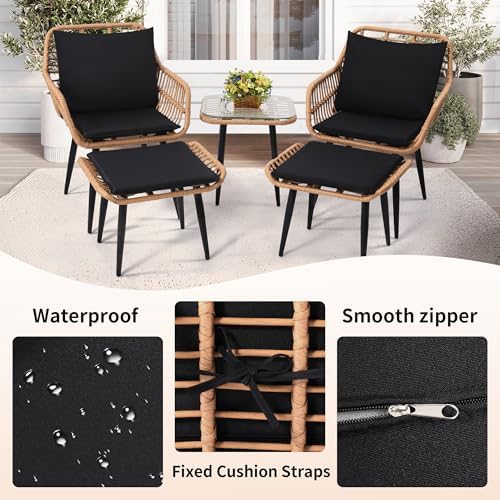 5-Piece Wicker Patio Furniture Set - 2 Chairs, 2 Ottomans & Side Table - Stylish, Durable Outdoor Seating for Porch, Balcony, Deck & Backyard - Natural Finish