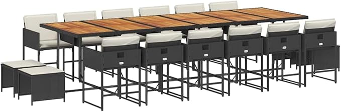 17 Piece Garden Dining Set, 16-Seater Outdoor Patio Furniture with Foldable Table and High-Back Chairs, Black Synthetic Poly Rattan