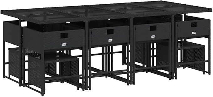 Garden Dining Set Black PE Rattan Large Foldable Outdoor Patio Table with 8 Chairs and 4 Stools for 12 Person Family Gathering, UV Resistant Weatherproof Seating for Modern Rectangular Glass