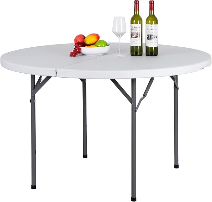 48 Inch Round Folding Table, Heavy Duty Folding 4FT Plastic Table for Outdoor Indoor, Metal Frame Thick Table Top Camping Picnic Table, White (48 inch)