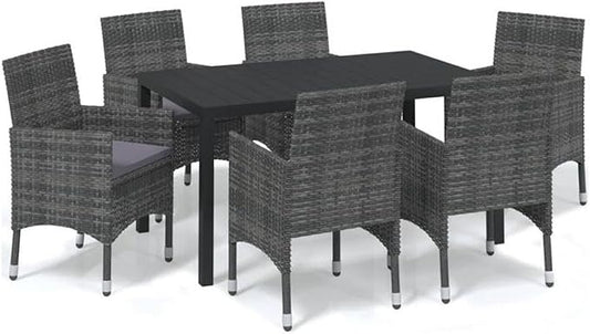 BOWERY HILL Contemporary Poly Rattan & Steel Patio Dining Set, 7-Piece, Gray Matte Finish, Weather-Resistant, Comfortable Cushions, Seats 6, Modern Design Outdoor Furniture for Garden or Terrace
