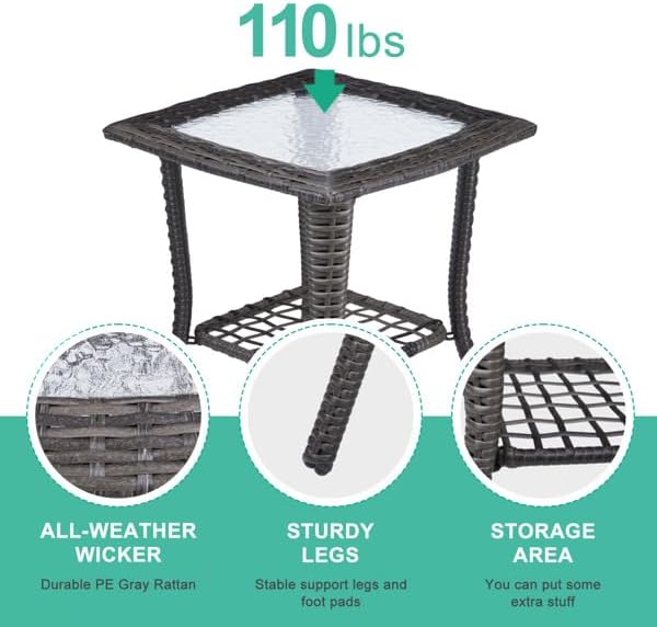 Outdoor Wicker Side Table, Rattan End with Glass Top, Patio Coffee Bistro for Indoor Garden Porch Balcony (Grey)