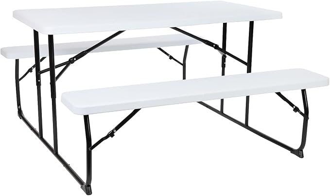 Flash Furniture Insta-Fold Picnic Table - White Wood Grain Folding Picnic Table Bench Set for Adults - 4.5 Foot Folding Table
