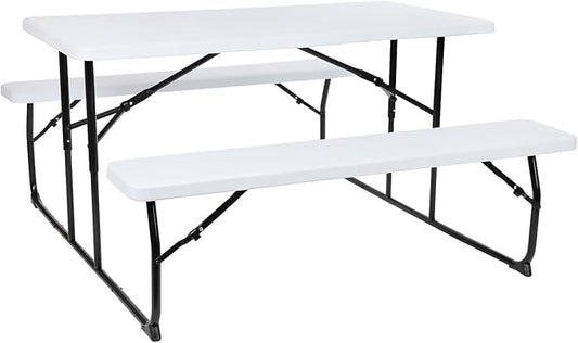 Flash Furniture Insta-Fold Picnic Table - White Wood Grain Folding Picnic Table Bench Set for Adults - 4.5 Foot Folding Table