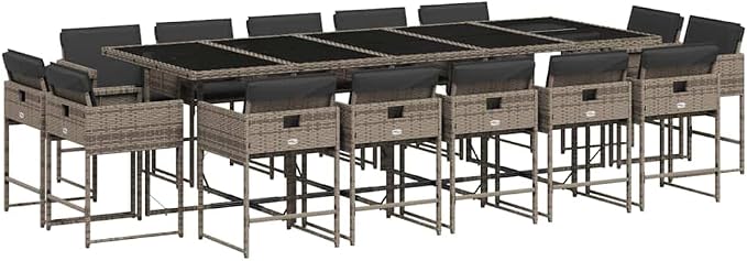 15 Piece Patio Dining Set, Foldable PE Rattan Garden Furniture with Tempered Glass Table and 14 Cushioned Chairs, Outdoor Space-Saving Cube Set for Backyard, Deck, and Poolside