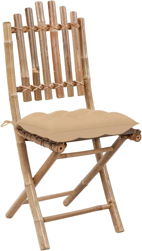 5 Piece Bamboo Folding Patio Dining Set with Cushions, Waterproof Outdoor Table and 4 Chairs for Garden Porch, Beige Seat Cushions Included, Space-Saving Alfresco Furniture