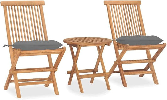 3 Piece Folding Patio Dining Set with Cushion Solid Teak Wood Outdoor Table and Chairs for Garden Balcony Compact Space Saving Furniture Gray