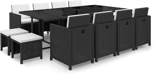 13 Piece Poly Rattan Patio Dining Set with Cushions, 1 Table 8 Chairs 4 Stools, Black Powder-Coated Steel Frame, Glass Top, Water-Repellent Cushions for Outdoor Garden