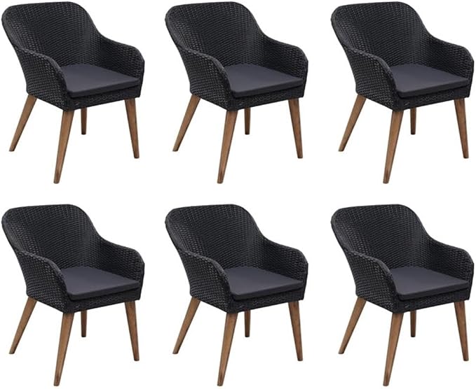 Afuera Living Contemporary 7 Piece Patio Dining Set, Black PE Rattan, Powder-Coated Steel Frame, Glass Tabletop, Weatherproof Outdoor Furniture with Washable Polyester Cushions for Garden or Patio Use