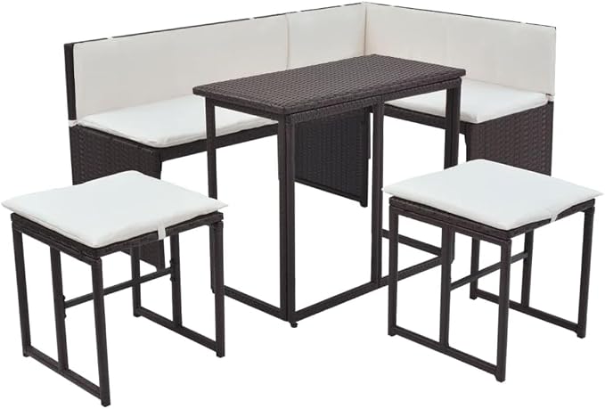 5-Piece Outdoor Furniture Set, Brown Poly Rattan Modular Patio Dining Group with Cream White Cushions for Garden and Terrace, 4-Person Seating Arrangement