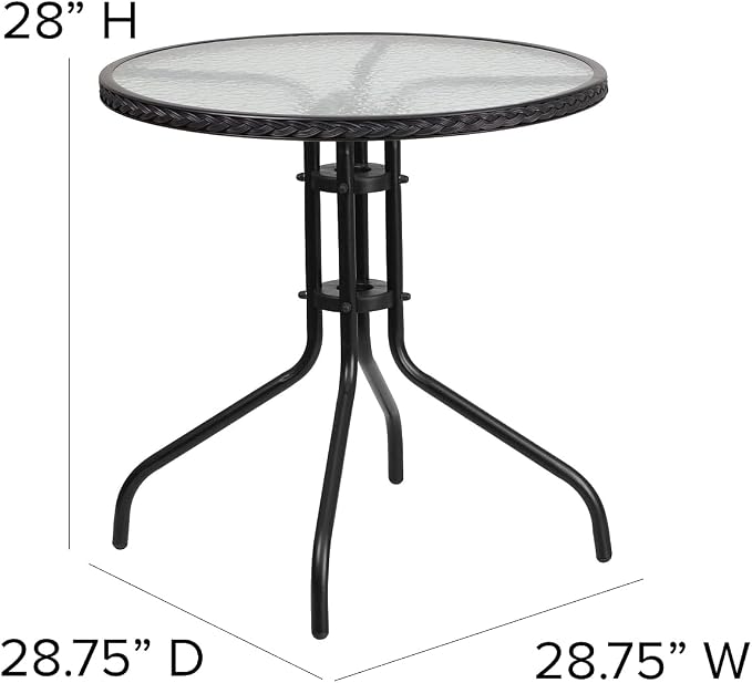 Flash Furniture Barker 28'' Round Tempered Glass Metal Table with Black Rattan Edging