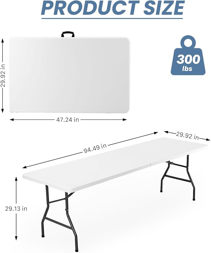 DUMOS 8 FT Folding Picnic Table Simple to Fold and Keep, 3.8 FT Foldable Table for Camping Dining Party Kitchen Picnic Outdoor Indoor with Carrying Handle