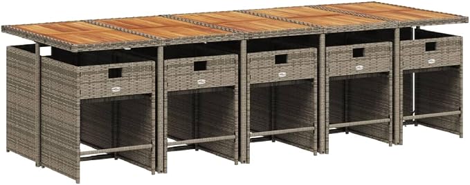 11-Piece Gray Poly Rattan Outdoor Dining Set with Cushions, Acacia Wood Table & Foldable Chairs for Patio Garden Backyard Porch