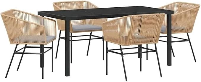 Afuera Living 5-Piece Patio Dining Set, Powder-Coated Steel, Brown Finish, Outdoor Cushions, Tempered Glass Tabletop, Modern Rectangular Design, Seating for 4, Garden Balcony or Terrace Furniture