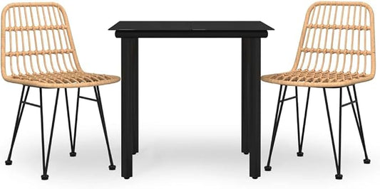 3 Piece Patio Dining Set, Poly Rattan Bistro Furniture Set with 31.5 Inch Tempered Glass Table and 2 Chairs, Black Backyard Balcony Porch Conversation Set