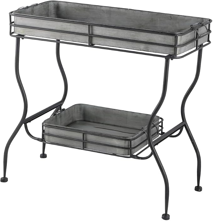 Galvanized Tray Table, Iron, 32x15x31 in, Antique Gray | Iron, galvanized two-tray table with handles, assembly required, outdoor patio use