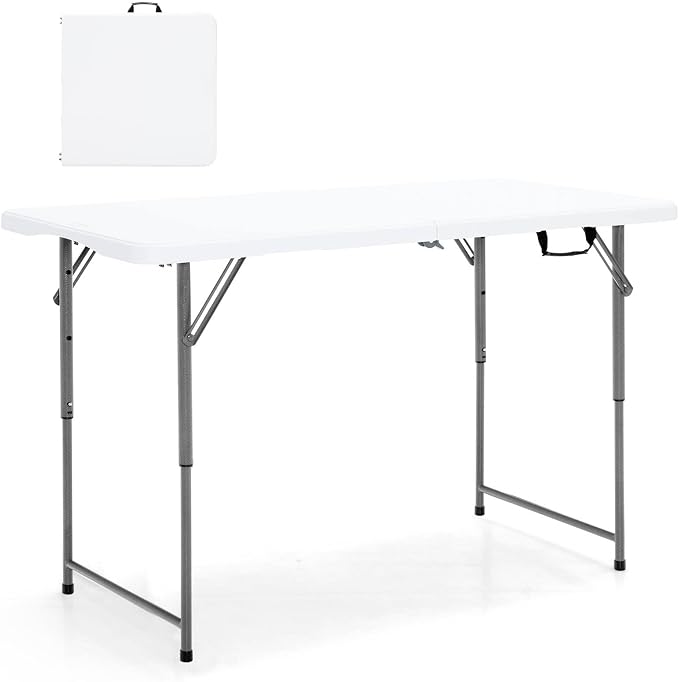 TANGZON 4FT Folding Picnic Table, 3 Adjustable Heights Camping Table with Carry Handle, Indoor Outdoor Dining Table for BBQ Catering Buffet Party, 150KG Capacity (Grey Feet, 120 x 60 x 49/62/74cm)