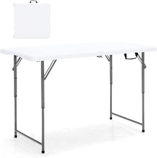 TANGZON 4FT Folding Picnic Table, 3 Adjustable Heights Camping Table with Carry Handle, Indoor Outdoor Dining Table for BBQ Catering Buffet Party, 150KG Capacity (Grey Feet, 120 x 60 x 49/62/74cm)