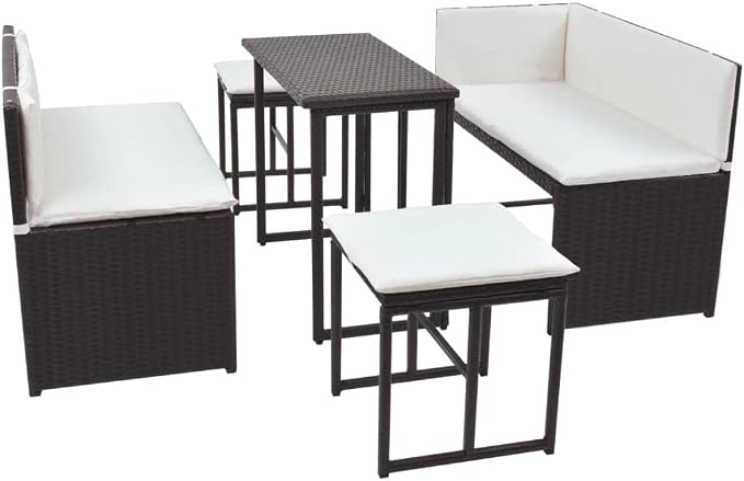 5-Piece Outdoor Furniture Set, Brown Poly Rattan Modular Patio Dining Group with Cream White Cushions for Garden and Terrace, 4-Person Seating Arrangement