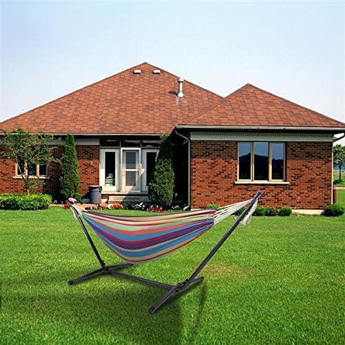 HopeHope Cotton Hammock with Space Saving Steel Stand, Tropical Hammock for Patio Porch Garden Backyard Lounging Outdoor and Indoor Rainbow(450 lb Capacity - Premium Carry Bag Included)