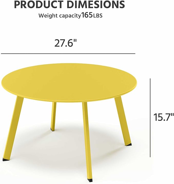 LAUSAINT HOME Patio Round Coffee Table, 27.6” Weather Resistant Heavy Duty Outdoor Metal Patio Side End Table with Square Foot for Outside Deck, Porch, Garden, Yellow