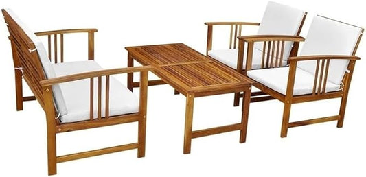 Afuera Living 4 Piece Solid Acacia Wood Patio Dining Set, Oiled Finish, Brown, Weather-Resistant Cushions, Rustic Design, Table, Bench, 2 Chairs, Outdoor Garden or Terrace Seating for 4