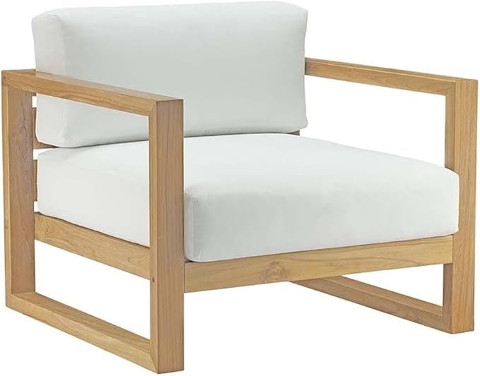 Pemberly Row 3-Piece Teak Wood Patio Set, Natural and White Finish, Includes Coffee Table and 2 Armchairs, Solid Teak Construction, Water-Resistant Cushions, Modern Outdoor Furniture for Garden or