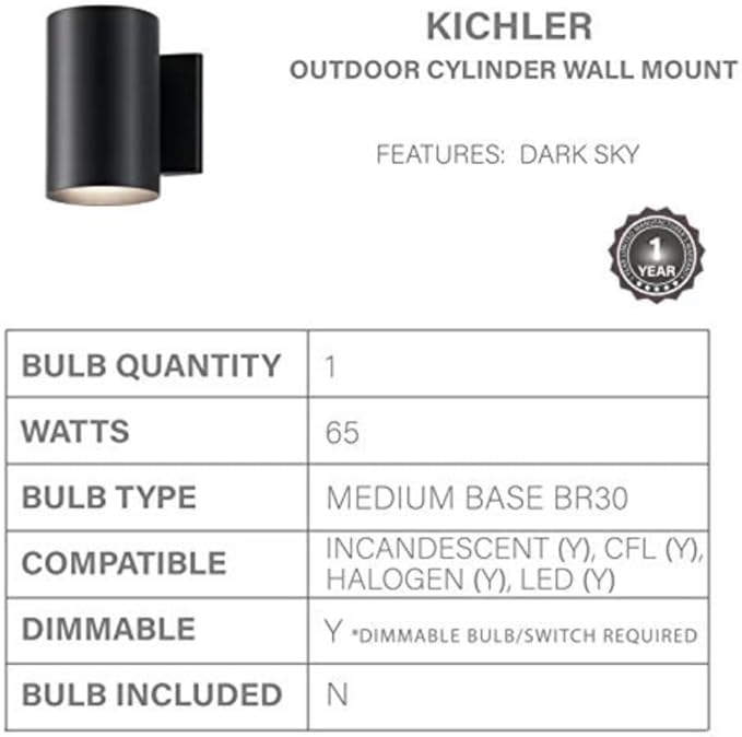 Kichler Cylinders 7" Outdoor Wall Sconce in a Black, 1-Light Exterior Wall Light, Cylinder Fixture, (7" H x 5" W), 9234BK (Pack of 2)