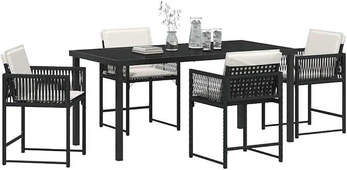 5 Piece Garden Dining Set, Black Poly Rattan Patio Furniture with Glass Table and 4 Chairs for Backyard, Balcony and Outdoor Space