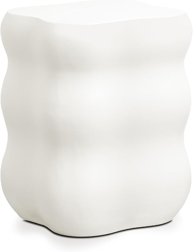 LuxenHome Outdoor Side Table, 18'' White Concrete End Tables, Modern Curves Square Small Accent Table for Patio, Indoor, Outdoor, Porch, Poolside, Backyard, Decorative Garden Stool, Plant Stand