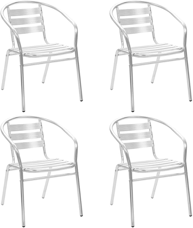 5 Piece Patio Dining Set Aluminum Silver Outdoor Furniture Table and Chairs for Garden Balcony Bistro Restaurant Commercial Use Stackable with Tempered Glass Top