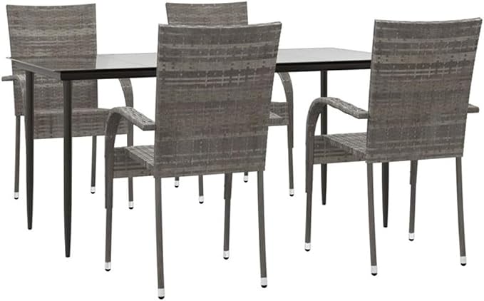 Afuera Living 5-Piece PE Rattan Patio Dining Set, Powder-Coated Steel, Gray Finish, Includes Rectangular Table and 4 Stackable Chairs, Weather-Resistant Outdoor Furniture for Garden, Balcony, or Patio