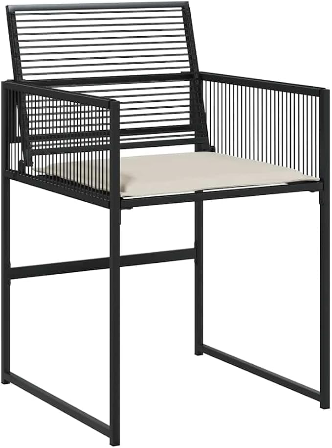 7 Piece Patio Dining Set with Cushions Black Poly Rattan Outdoor Garden Furniture Table and 6 Chairs Tempered Glass Top Foldable Compact Storage Weather Resistant UV Proof