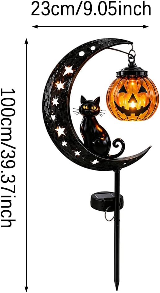 Solar Halloween Black Cat & Pumpkin Moon Garden Stake Light, Outdoor Waterproof LED Yard Decoration with Crescent Moon, Hanging Jack-o'-Lantern Lantern for Garden, Patio, Walkway, Porch(Style A)