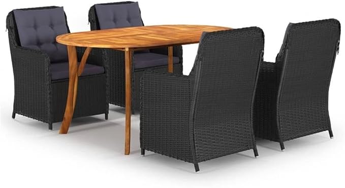 Afuera Living Contemporary 5 Piece Patio Dining Set, Solid Acacia Wood Table and PE Rattan Chairs, Black Oiled Finish, Cushioned Seats, Weather-Resistant, Modern Style for Outdoor Garden, Balcony,