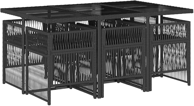 7 Piece Outdoor Dining Set for 6, Poly Rattan Patio Table and Chairs, Space-Saving Foldable Garden Furniture with Cushions, Black