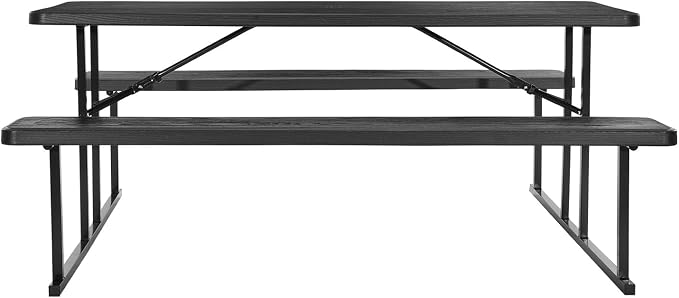 VEVOR Foldable Picnic Table, 6 FT Folding Picnic Tables with Benches, Steel Outdoor Bench Set with Umbrella Hole, Large Outside Dining Table for Patio Garden Yard Poolside (Black)