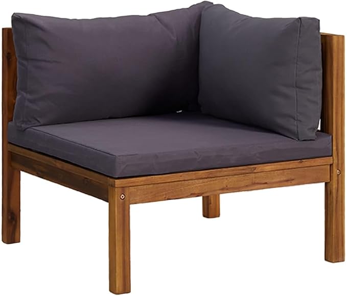 Sectional Corner Sofa with Dark Gray Cushions, Solid Acacia Wood Single Corner Sofa Chair, Outdoor Conversation Set Sectional Sofa Chair for Porch, Deck, Backyard,-425