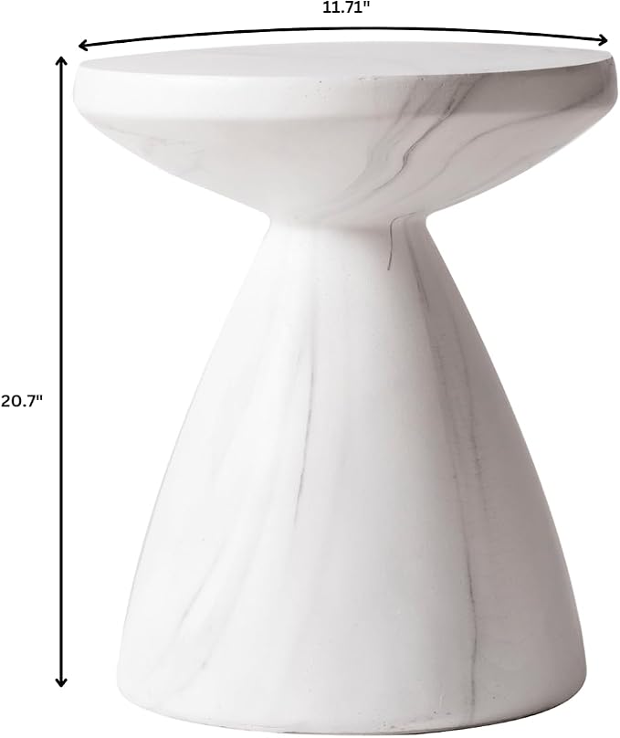 LeisureMod Modern Side Table Lightweight Fiberstone Top 20" Round Accent Table and Hourglass Pedestal Base for Outdoor or Indoor Dune Series in White