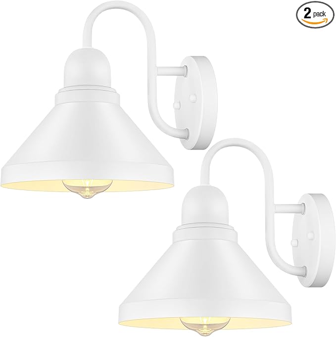 Gooseneck Outdoor Wall Lanterns, Pack of 2 Exterior Light Fixtures, Anti-Rust Outside Barn Wall Mount Sconces, Waterproof White Patio Wall Lamps for House, Front Door, Bulb Excluded